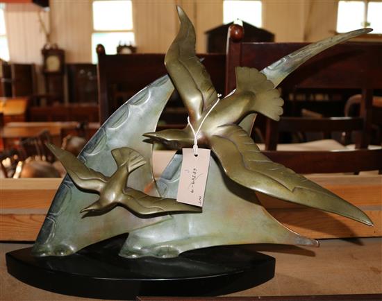 Art Deco bronze model of two seagulls & two sails